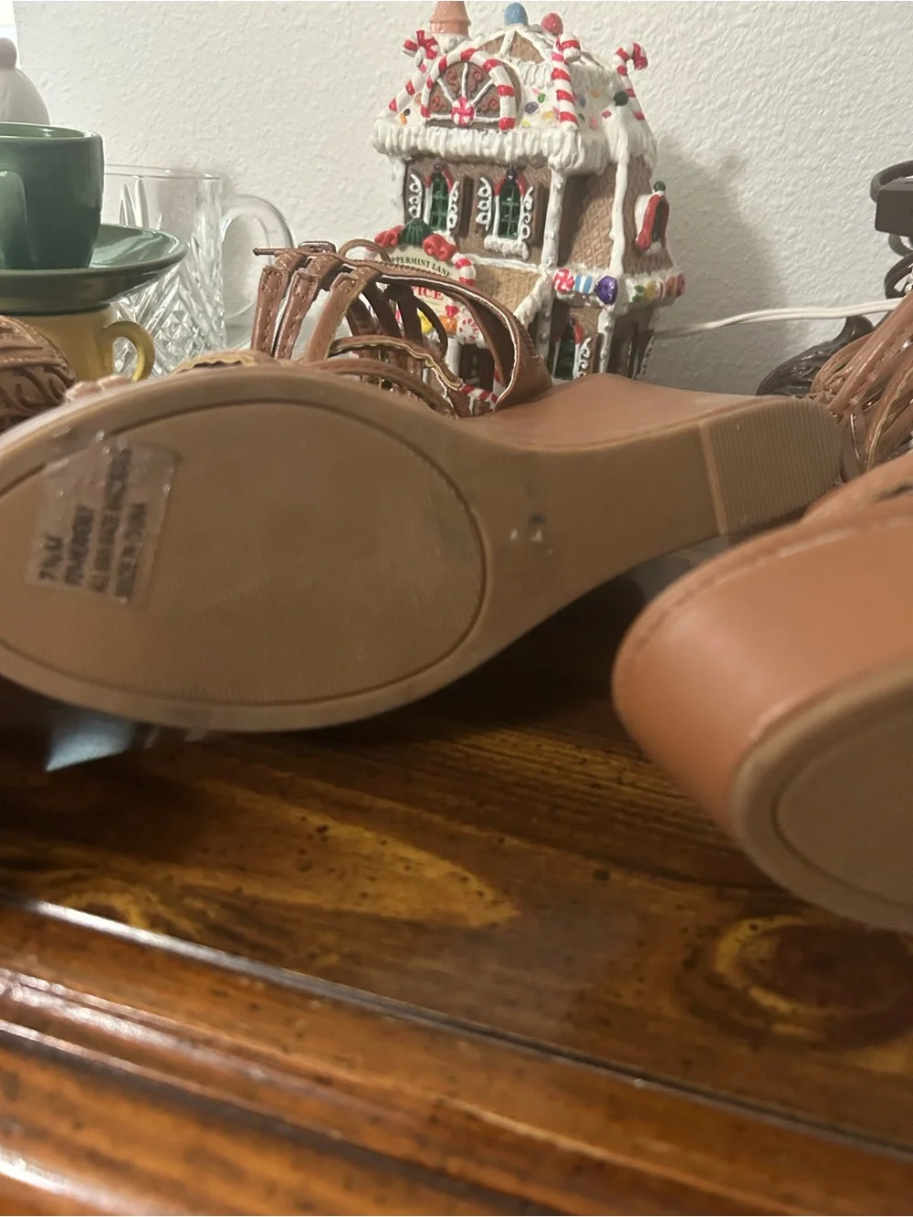 Forever 21 Tan Faux Leather Strappy Platform Wedge Sandals, Size 7.5